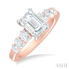 1 ctw Emerald Shape Oval and Round Cut Diamond Semi Mount Engagement Ring in 14K Rose and White Gold
