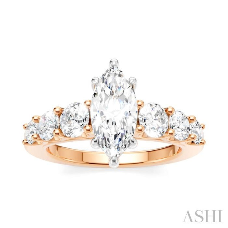 1 1/10 Ctw Marquise Shape Round Cut Diamond Semi-Mount Engagement Ring in 14K Rose and White Gold