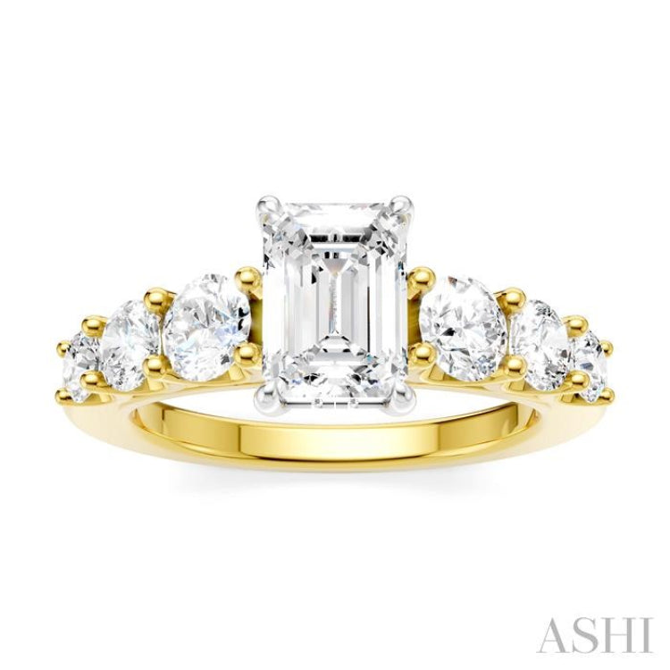 1 1/10 Ctw Emerald Shape Round Cut Diamond Semi-Mount Engagement Ring in 14K Yellow and White Gold
