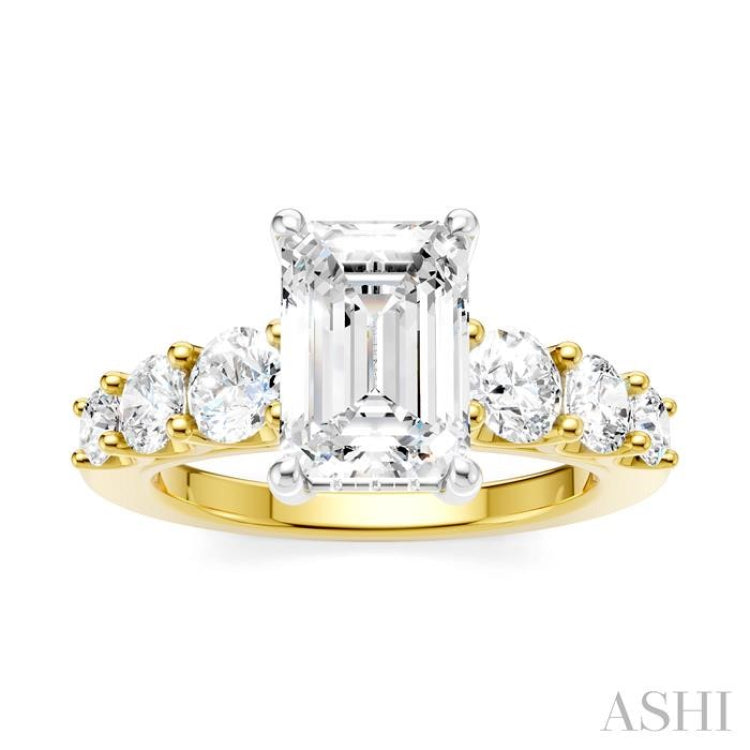 1 1/10 Ctw Emerald Shape Round Cut Diamond Semi-Mount Engagement Ring in 14K Yellow and White Gold