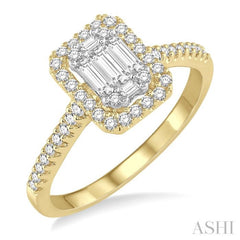 5/8 Ctw Emerald Shape Baguette and Round Cut Diamond Ring in 14K Yellow and White Gold