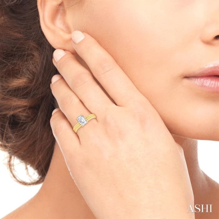 1/20 ctw Emerald Shape Grooved Shank Round Cut Diamond Semi Mount Engagement Ring in 14K Yellow Gold