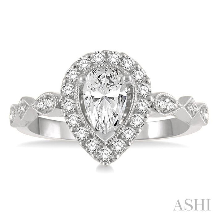 1/3 ctw Pear Shape Carved Shank Round Cut Diamond Semi-Mount Engagement Ring in 14K Yellow and White Gold