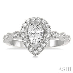 1/3 ctw Pear Shape Carved Shank Round Cut Diamond Semi-Mount Engagement Ring in 14K Yellow and White Gold