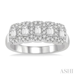 1 ctw Emerald Shape 5 Stone Emerald & Round Cut Diamond Halo Wedding Band in 14K White Gold