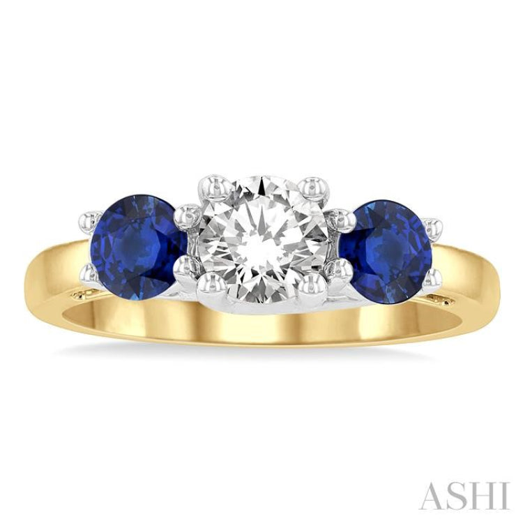 4.65 MM Round Shape Sapphire and 3/4 Ctw Past, Present and Future Round Cut Diamond Precious Ring in 14K Yellow and White Gold