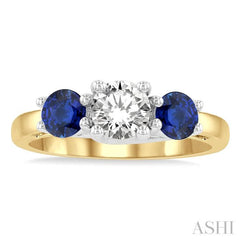 4.65 MM Round Shape Sapphire and 3/4 ctw Past, Present and Future Round Cut Diamond Precious Ring in 14K Yellow and White Gold