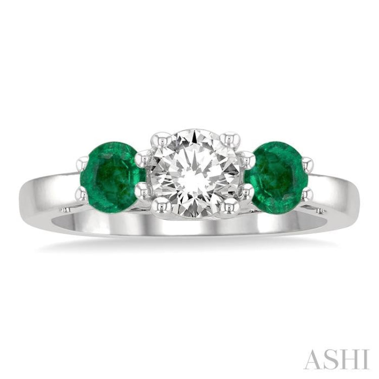 4.30 MM Round Shape Emerald and 5/8 ctw Past, Present and Future Round Cut Diamond Precious Ring in 14K White Gold