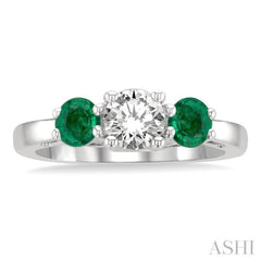 4.30 MM Round Shape Emerald and 5/8 ctw Past, Present and Future Round Cut Diamond Precious Ring in 14K White Gold
