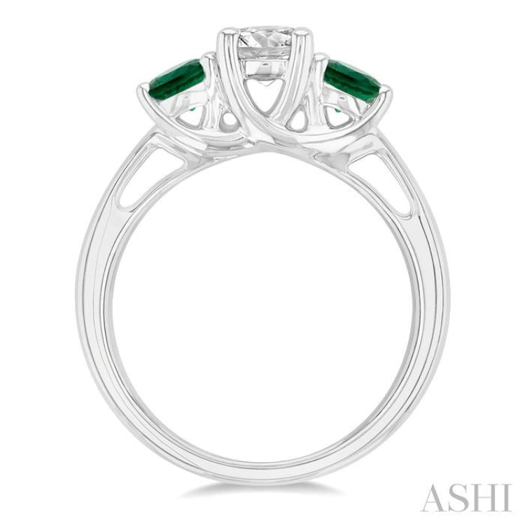 4.30 MM Round Shape Emerald and 5/8 ctw Past, Present and Future Round Cut Diamond Precious Ring in 14K White Gold