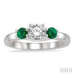 3.50 MM Round Shape Emerald and 3/8 ctw Past, Present and Future Round Cut Diamond Precious Ring in 14K White Gold