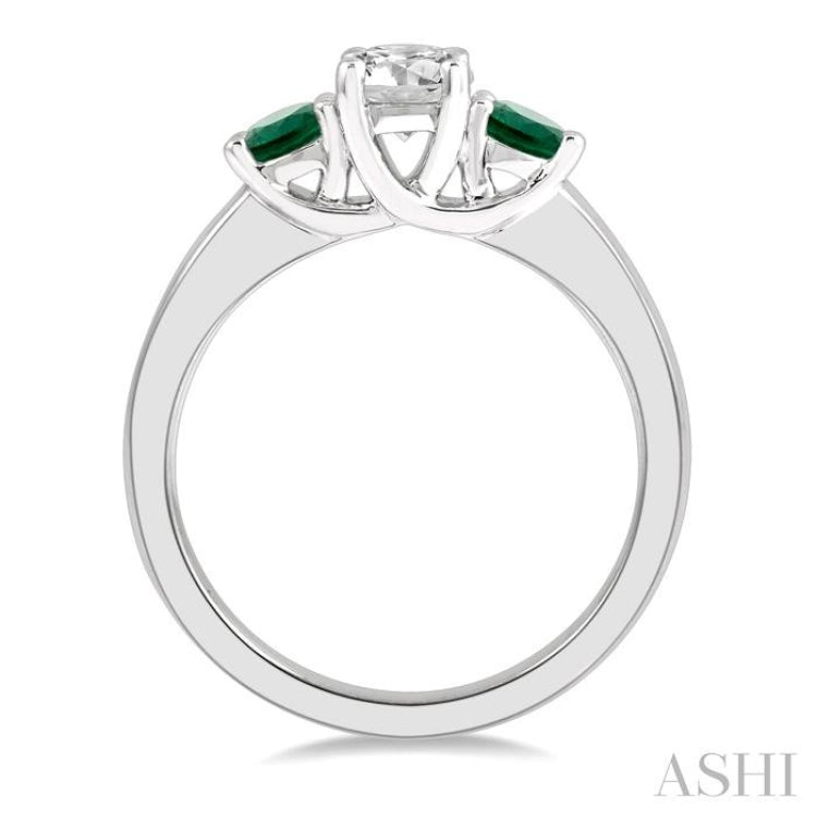 3.50 MM Round Shape Emerald and 3/8 ctw Past, Present and Future Round Cut Diamond Precious Ring in 14K White Gold