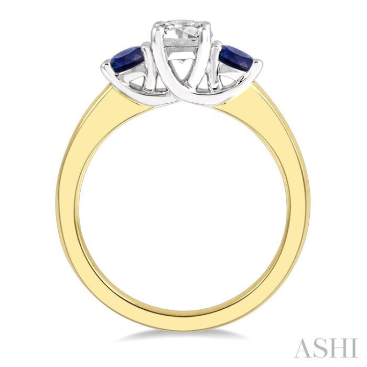 3.50 MM Round Shape Sapphire and 3/8 ctw Past, Present and Future Round Cut Diamond Precious Ring in 14K Yellow and White Gold