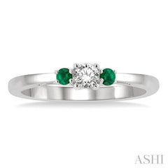 2.15 MM Round Shape Emerald and 1/6 ctw Past, Present and Future Round Cut Diamond Precious Ring in 14K White Gold