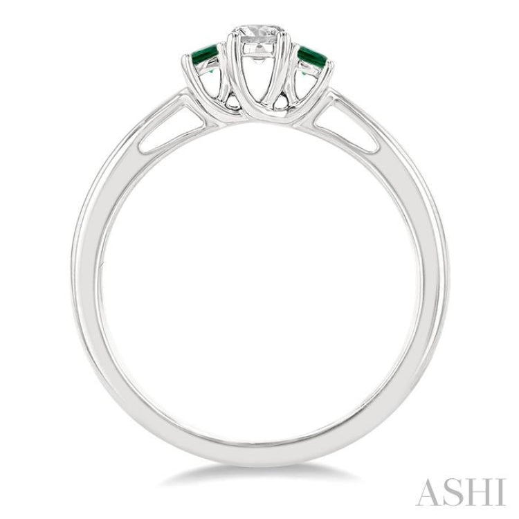 2.15 MM Round Shape Emerald and 1/6 ctw Past, Present and Future Round Cut Diamond Precious Ring in 14K White Gold
