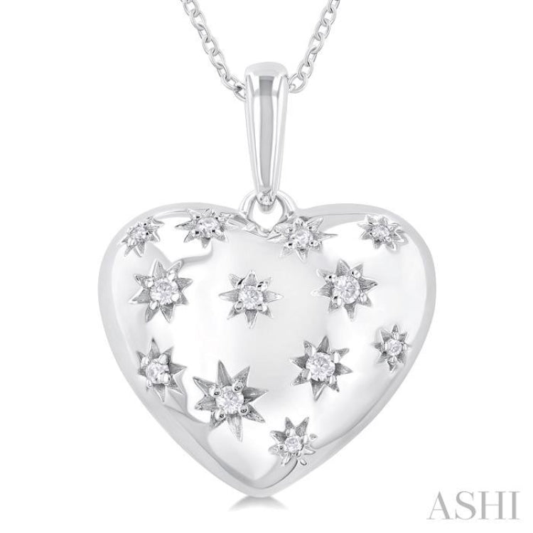 1/10 ctw Bold Star Engraved Puffed Heart Round Cut Diamond Pendant With Chain in Sterling Silver
