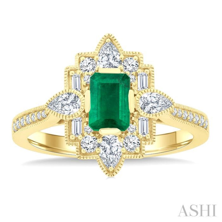 6X4 MM Octagon Cut Emerald and 5/8 Ctw Art Deco Mixed Diamond Cut Precious Fashion Ring in 14K Yellow Gold