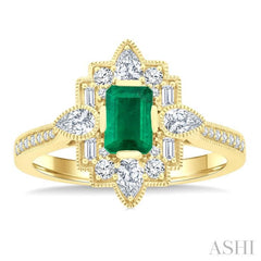 6X4 MM Octagon Cut Emerald and 5/8 Ctw Art Deco Mixed Diamond Cut Precious Fashion Ring in 14K Yellow Gold