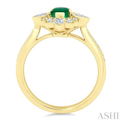 6X4 MM Octagon Cut Emerald and 5/8 Ctw Art Deco Mixed Diamond Cut Precious Fashion Ring in 14K Yellow Gold