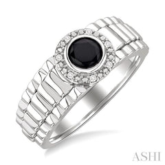 6 MM Round Shape Onyx and 1/20 Ctw Single Cut Diamond Semi-precious Men's Ring in Sterling Silver