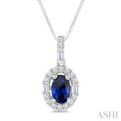 6x4 MM Oval Shape Pink Sapphire and 1/4 ctw Diamond Precious Pendant in 14K White Gold with Chain