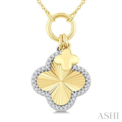 1/6 Ctw Clover Charm Fluted Round Cut Diamond Pirouette Fashion Pendant With Chain in 10K Yellow and White Gold