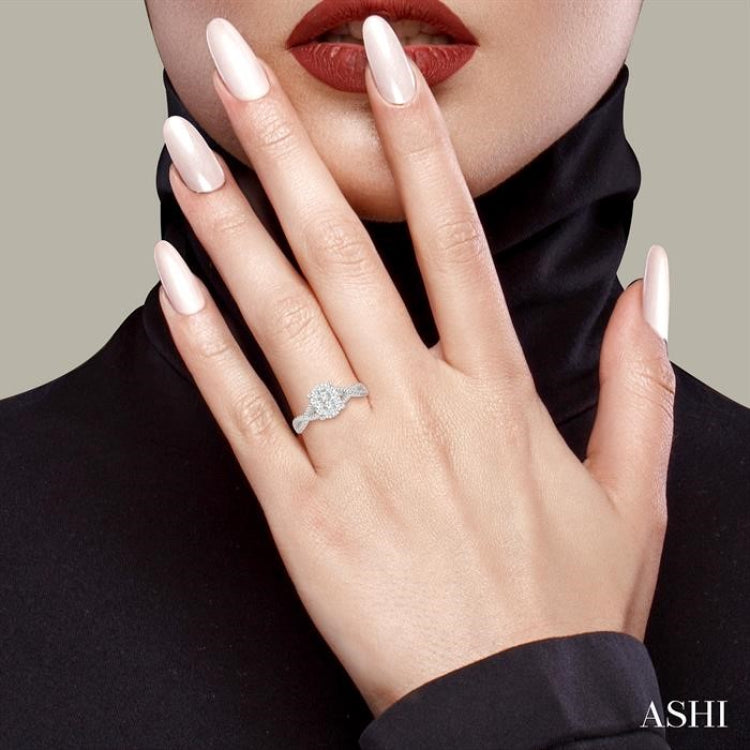5/8 Ctw Oval Shape Center Split Criss Cross Shank Lovebright Round Cut Diamond Engagement Ring in 14K White Gold