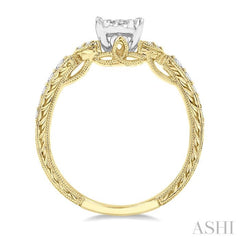 1/2 Ctw Oval Shape Leaf Carved Shank Lovebright Round Cut Diamond Engagement Ring in 14K Yellow and White Gold