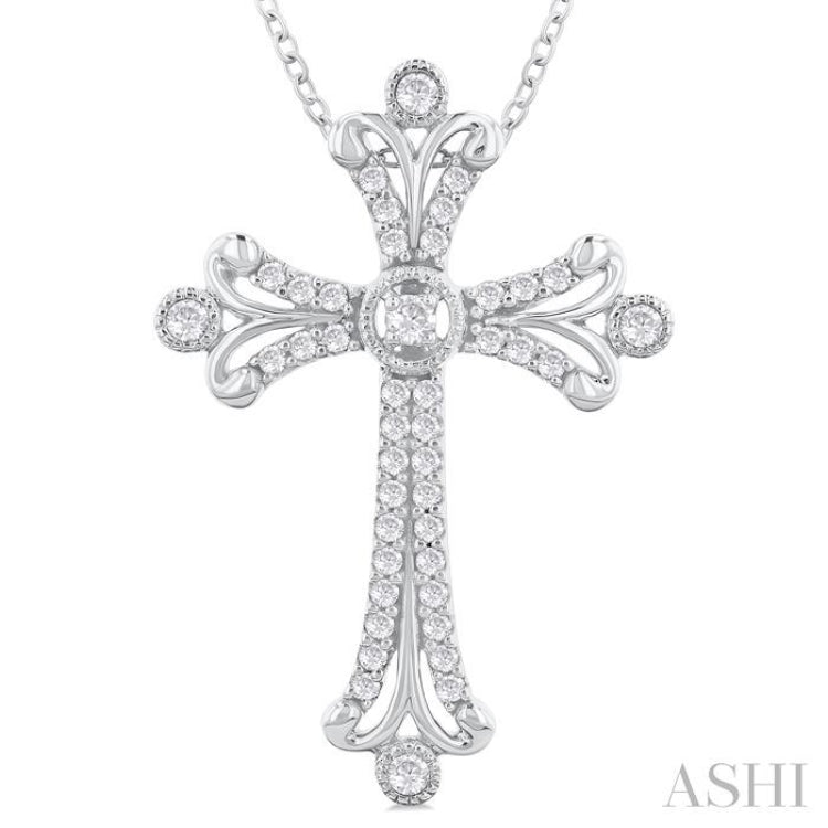 1/3 Ctw Cross Round Cut Diamond Fashion Pendant With Chain in 14K White Gold