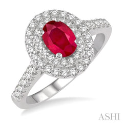 7x5 MM Oval Shape Ruby and 1/2 Ctw Round Cut Diamond Precious Ring in 14K White Gold
