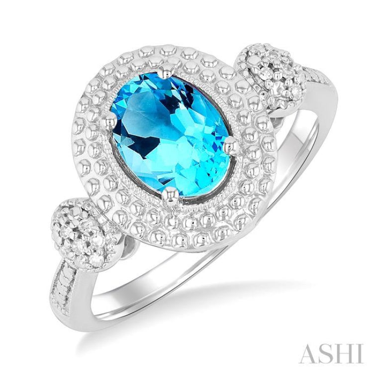 1/20 Ctw Oval Cut 8X6 MM Blue Topaz and Round Cut Diamond Semi-Precious Ring in Sterling Silver