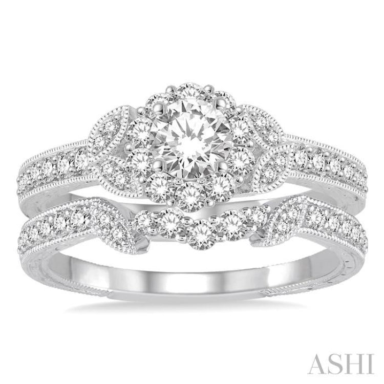 3/4 Ctw Diamond Bridal Set with 1/2 Ctw Round Cut Engagement Ring and 1/6 Ctw Wedding Band in 14K White Gold
