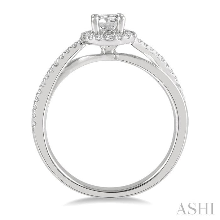 1/2 Ctw Criss-Cross Shank Round Cut Diamond Ladies Engagement Ring with 1/4 Ct Round Cut Center Stone in 14K White Gold
