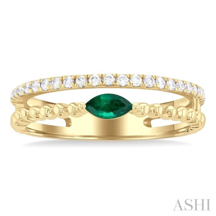 5x2.5 MM Marquise Shape Emerald and 1/5 Ctw Single Cut Diamond Precious Split Twin Ring in 10K Yellow Gold