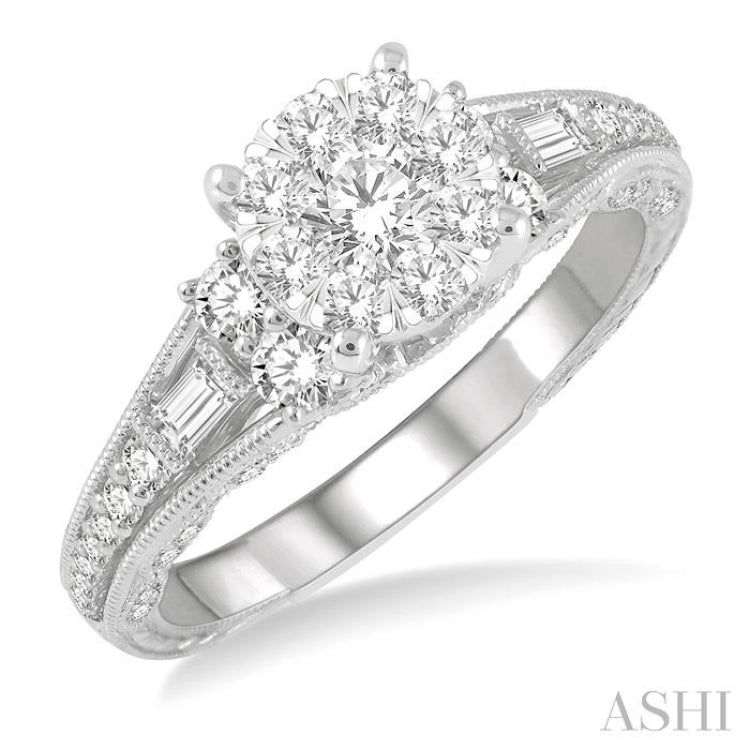 7/8 Ctw Circular Mount Lovebright Round Cut and Baguette Diamond Engagement Ring in 14K White Gold