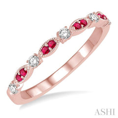 1.35 MM Ruby and 1/6 Ctw Round Cut Diamond Precious Stone Wedding Band in 14K Rose Gold