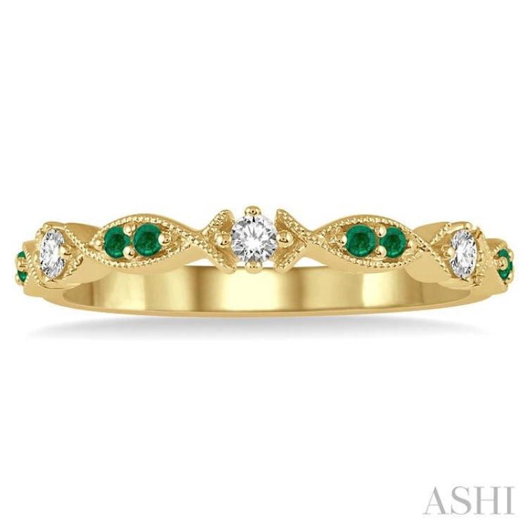 1.35 MM Round Cut Green Emerald and 1/10 Ctw Round Cut Diamond Precious Half Eternity Wedding Band in 14K Yellow Gold