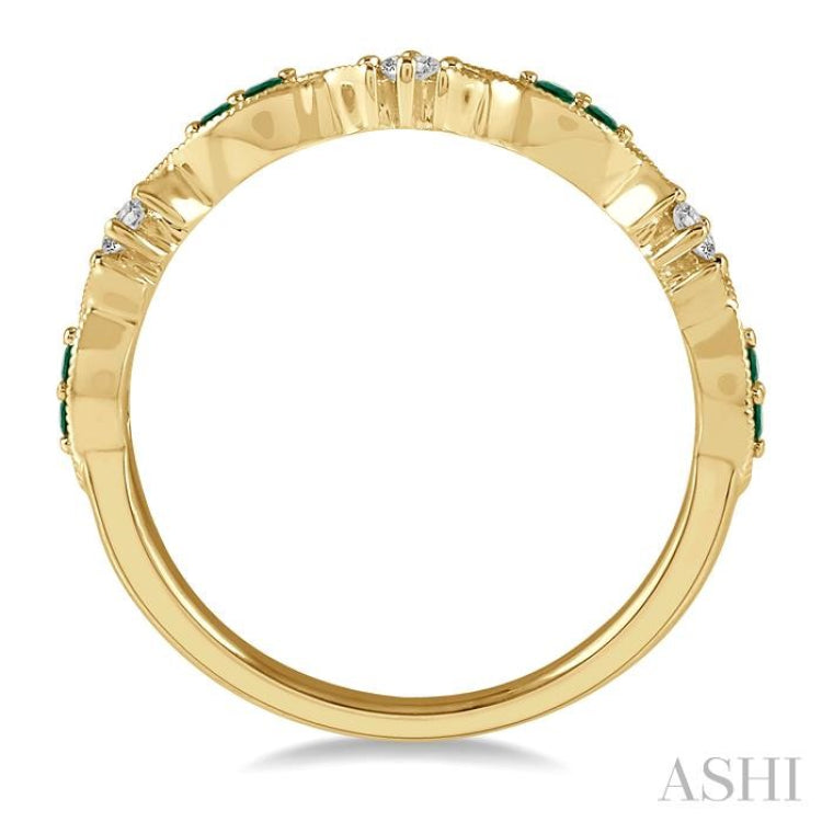 1.35 MM Round Cut Green Emerald and 1/10 Ctw Round Cut Diamond Precious Half Eternity Wedding Band in 14K Yellow Gold