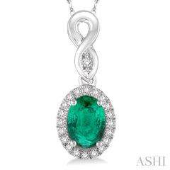 6x4 MM Oval Cut Emerald and 1/10 Ctw Round Cut Diamond Pendant in 14K White Gold with Chain