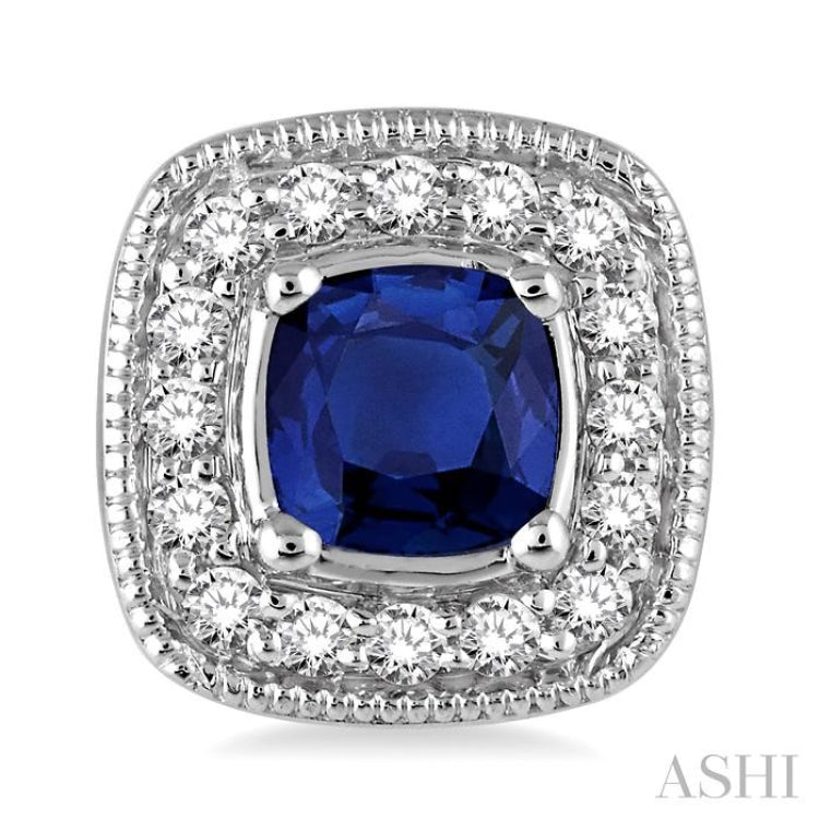 4x4 MM Cushion Shape Sapphire and 1/5 Ctw Round Cut Diamond Earrings in 14K White Gold
