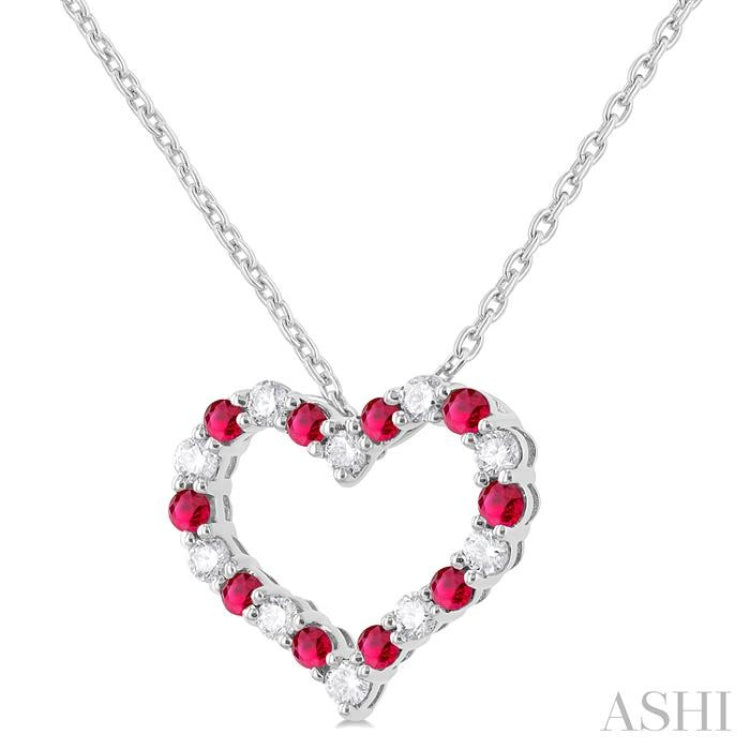 1.80 MM Round Cut Ruby and 1/4 Ctw Open Heart Round Cut Diamond Precious Fashion Pendant With Chain in 14K White Gold