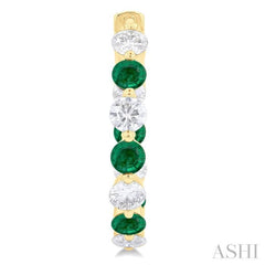 3.3 MM Round Cut Emerald and 1 5/8 Ctw Round Cut Diamond Precious Inside-Out Alternating Hoop Earrings in 14K Yellow Gold