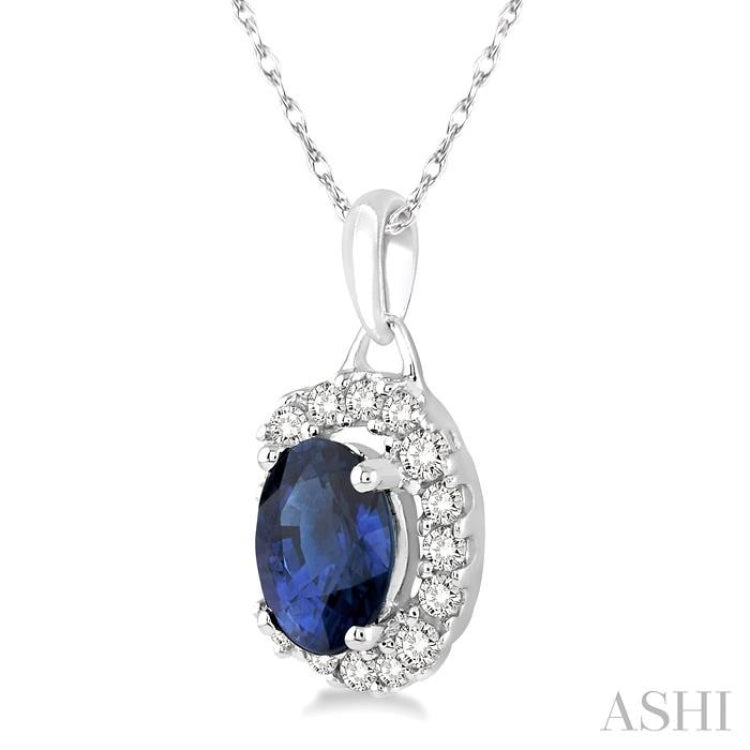 6x4 MM Oval Cut Sapphire and 1/6 Ctw Round Cut Diamond Precious Pendant in 14K White Gold with Chain