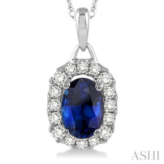 6x4 MM Oval Cut Sapphire and 1/6 Ctw Round Cut Diamond Precious Pendant in 14K White Gold with Chain
