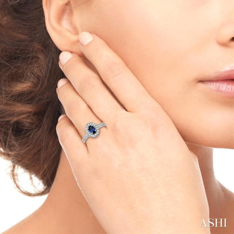 6x4 MM Oval Cut Sapphire and 1/4 Ctw Round Cut Diamond Ring in 14K White Gold