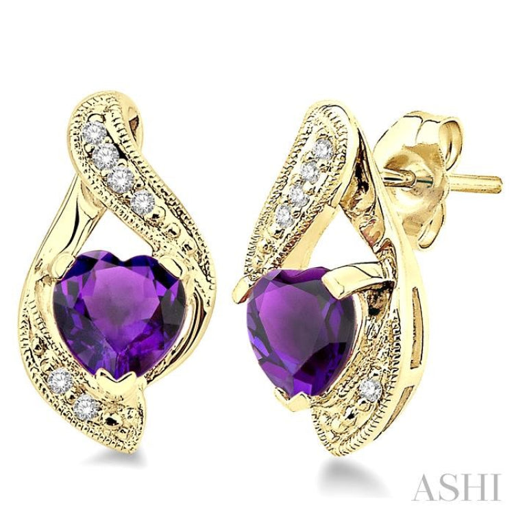 6x6 MM Heart Shape Amethyst and 1/20 Ctw Single Cut Diamond Semi-Precious Earrings in 14K Yellow Gold