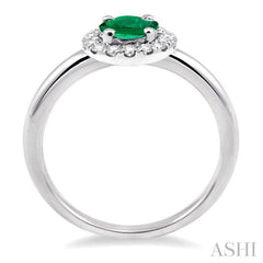 6x4 MM Oval Shape Emerald and 1/6 Ctw Round Cut Diamond Precious Ring in 14K White Gold