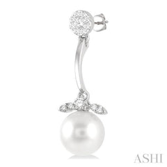 7 MM Cultured White Pearl and 1/4 Ctw Lovebright Round Cut Diamond Fashion Earrings in 14K White Gold