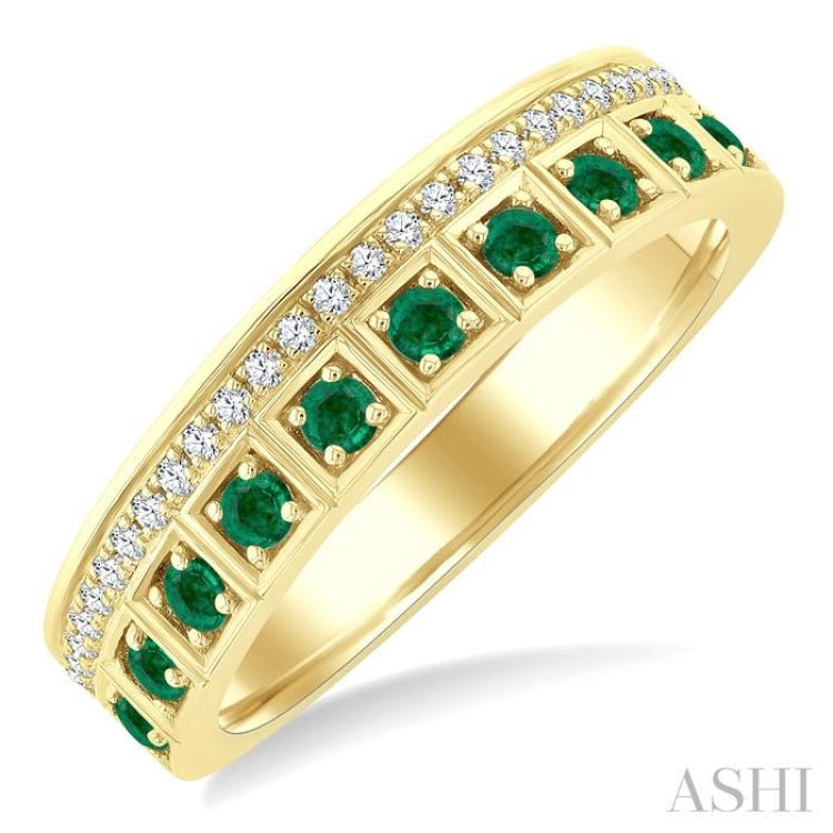 2 MM Round Shape Emerald and 1/6 Ctw Round Cut Diamond Precious Fashion Band in 10K Yellow Gold