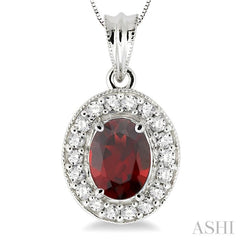 8x6 MM Oval Cut Garnet and 1/3 Ctw Round Cut Diamond Pendant in 14K White Gold with Chain